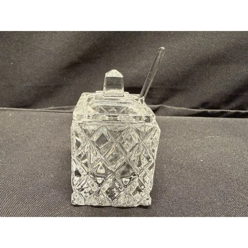 Rare Mini Crystal Clear Glass Cruets & Jam Jar W/ Spoon Set Of 3 Square Vintage